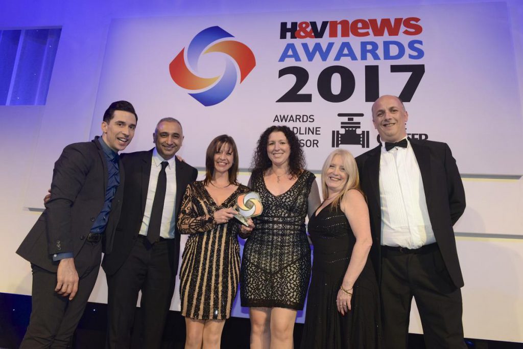 A.C. Wilgar wins "Smart installer" of the year at H&V News Awards 2017 with Sally Wilgar and Russell Kane